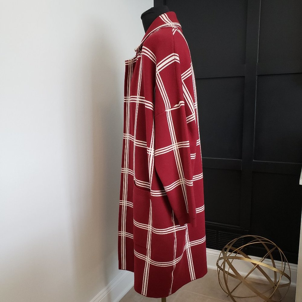 EUC Modcloth Women's Red Plaid Long Heavy Open Front Cardigan Pockets Sweater 1X - Picture 4 of 9